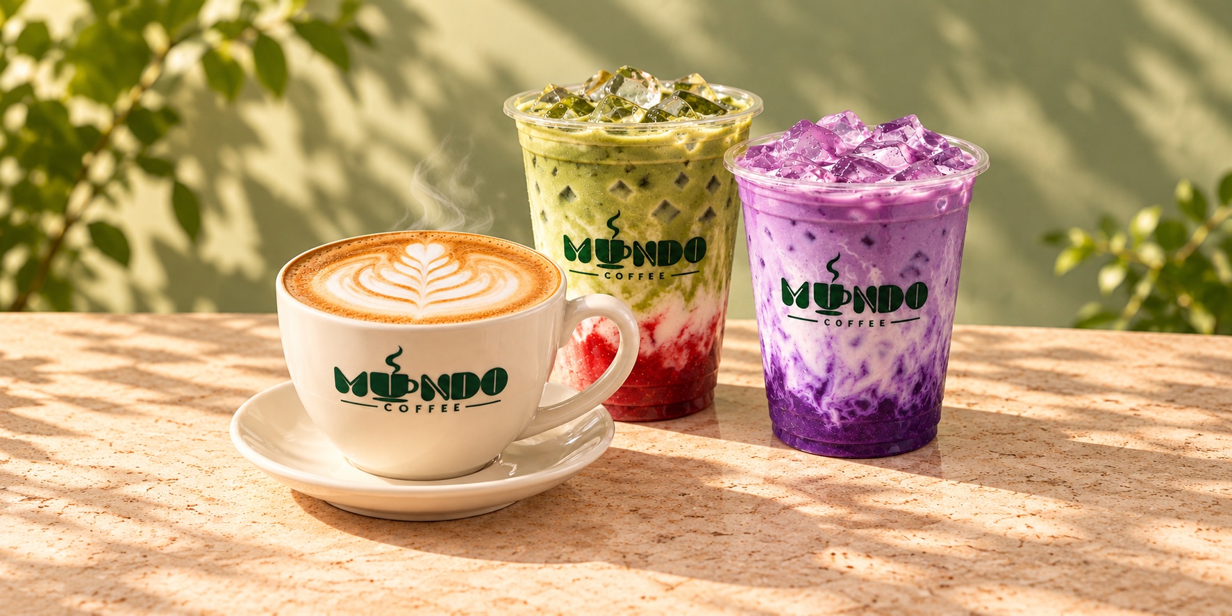 Cappuccino, aardbeienmatcha en ube met Mundo Coffee-logo in warm zonlicht