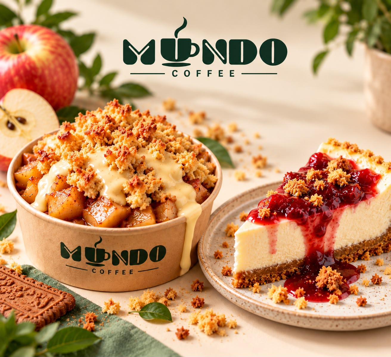 Apple crumble en cheesecake van Mundo Coffee