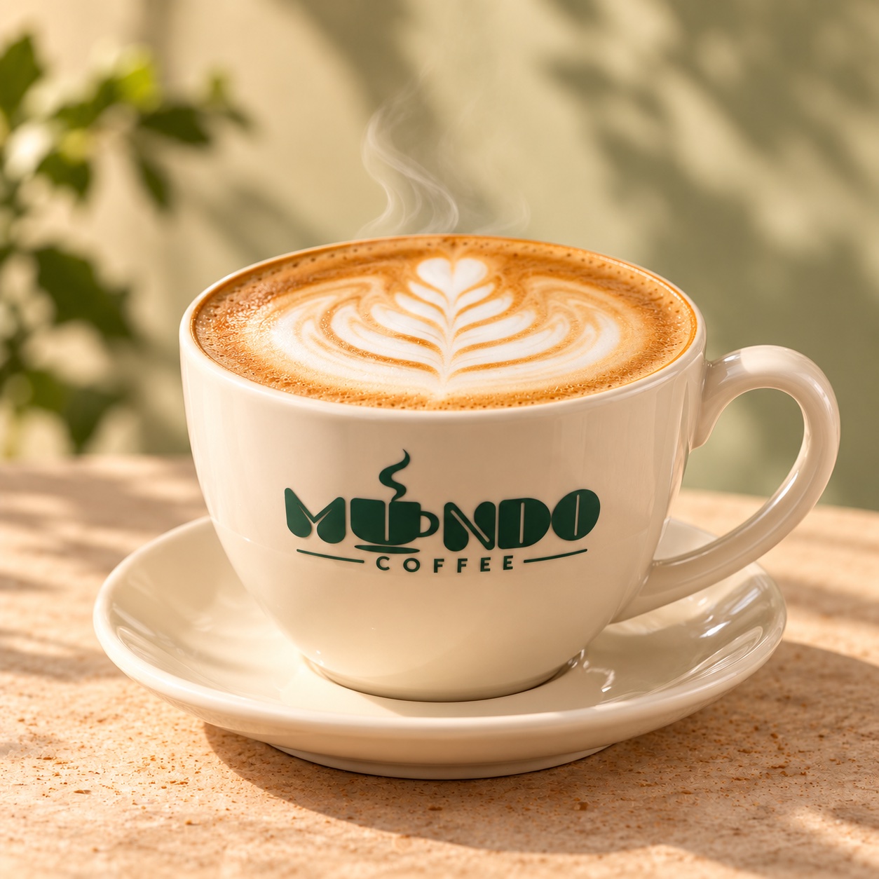 Cappuccino met latte art in een Mundo-kopje