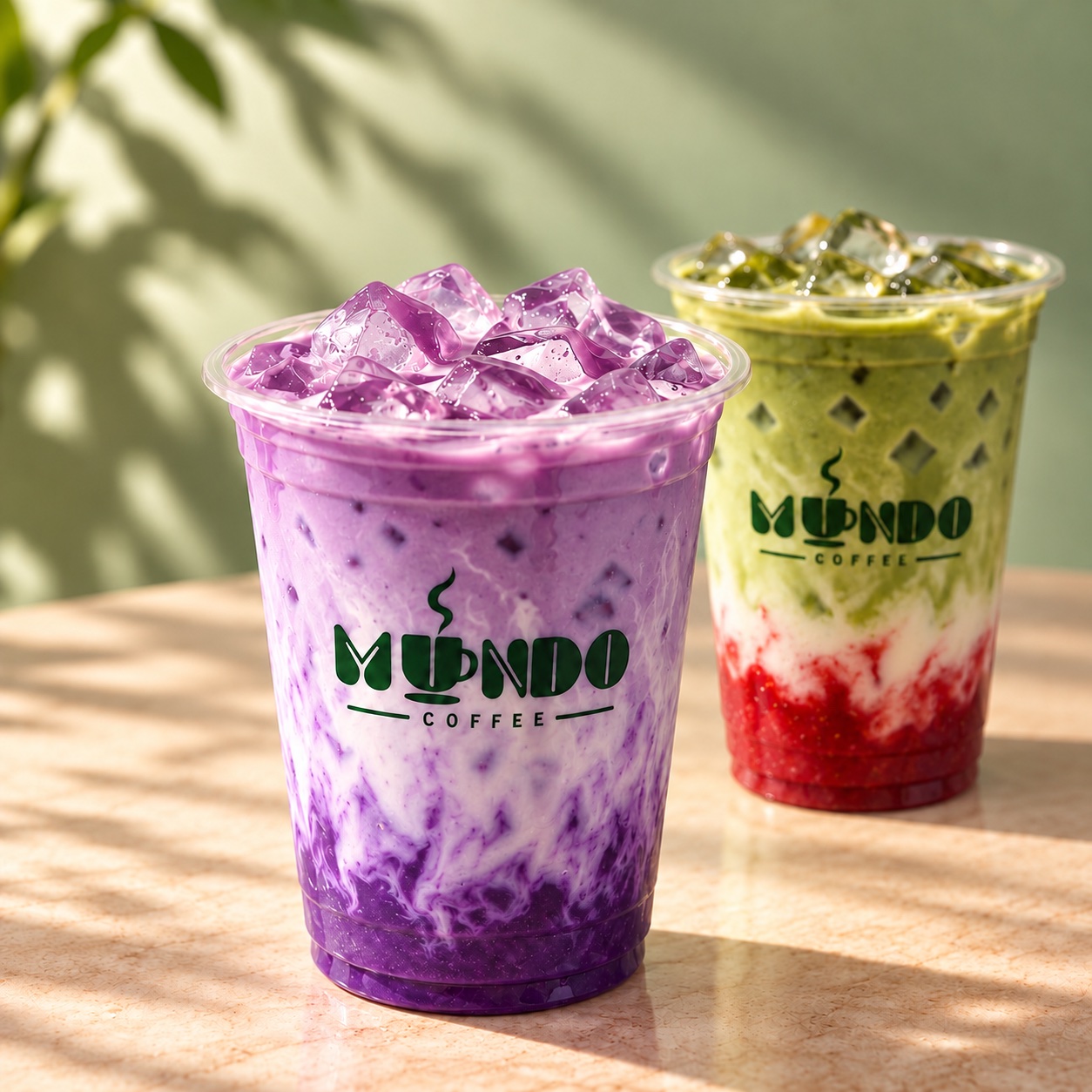 Matcha met aardbeipuree en paarse ube