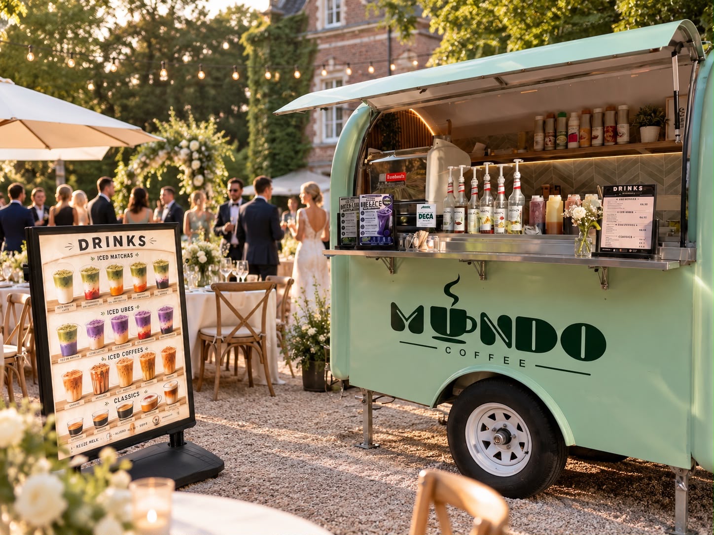 Saliegroene Mundo-koffietruck in een feestelijke tuinsetting